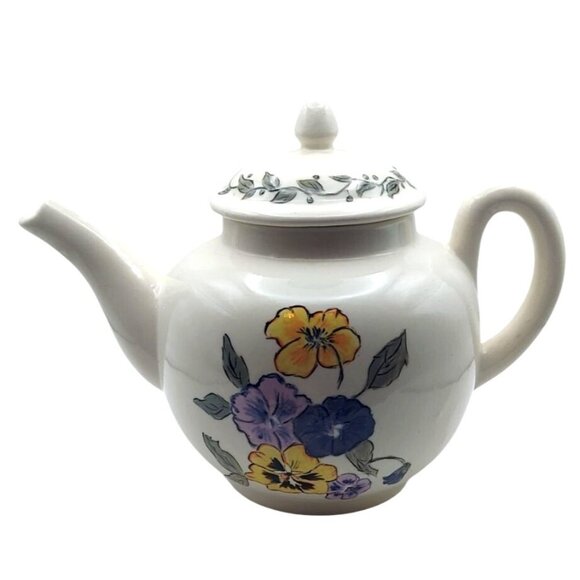 Vintage Handpainted Ceramic Pansy Floral Teapot W/ Lid Spring 1970s Cottage - Picture 1 of 7